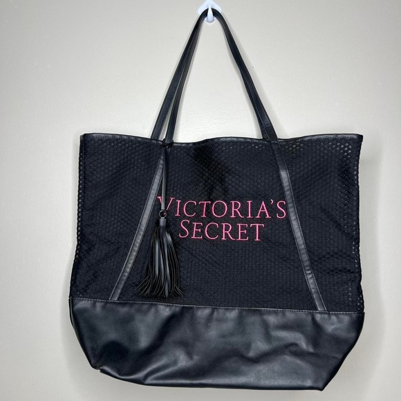 Handbags - Victoria's Secret Black Mesh Tote Bag Y2K Pink Logo Shoulder Bag |Travel Gym